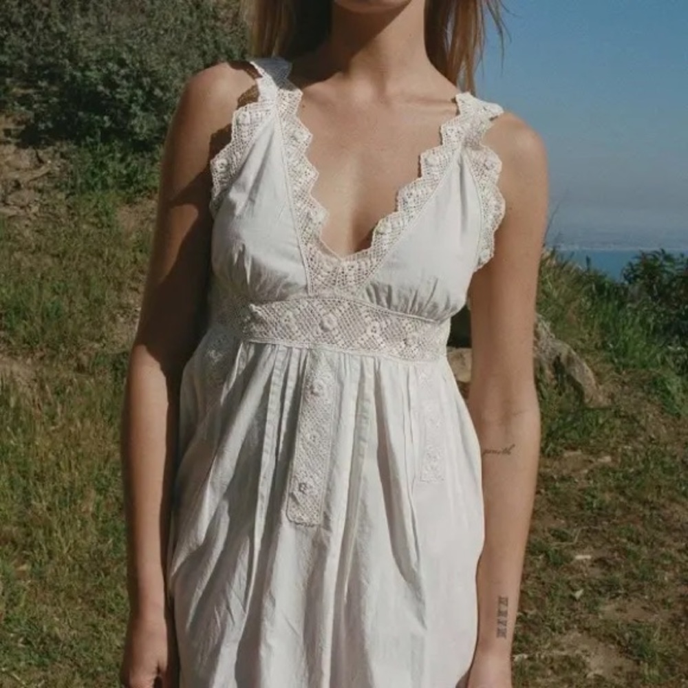 ✨🦢DÔEN ‘Slate’ Organic Cotton Scallop Edge Lace V Neck Nightgown XS✨